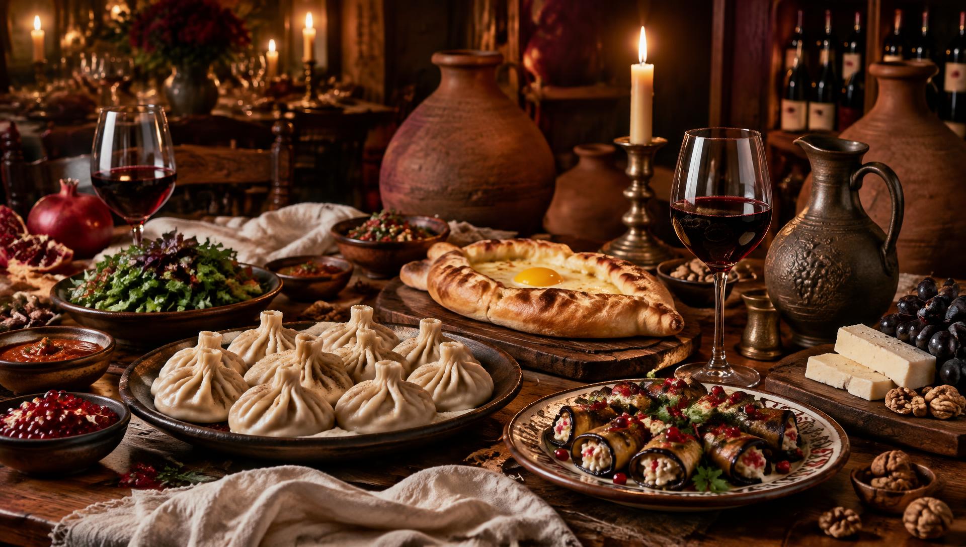 Supra georgiana con khinkali, khachapuri e badrijani