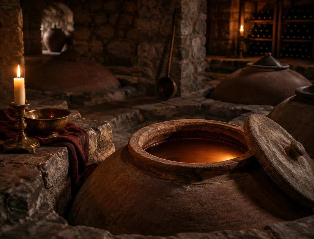 Qvevri georgiani in una cantina di pietra
